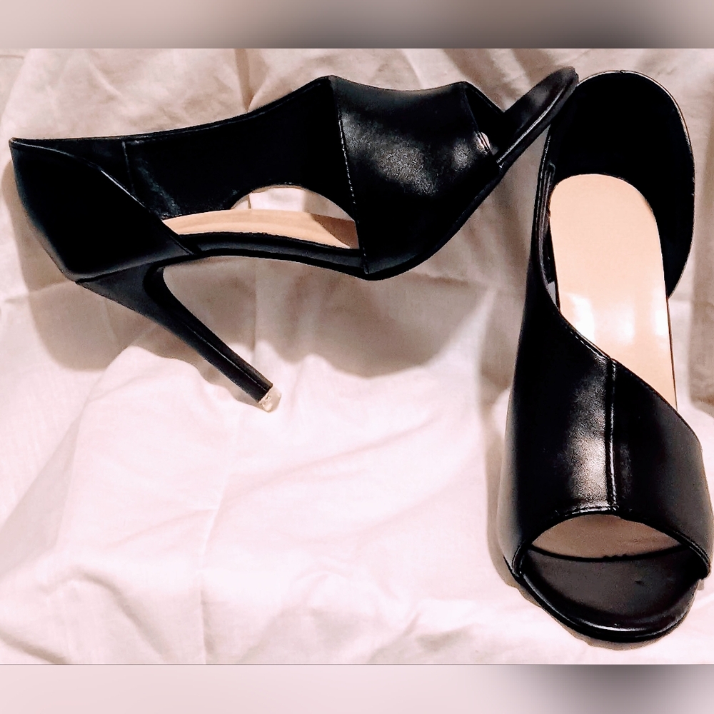 Faux Leather Open Toe Stilettos~Black~Women's Size 40EU - 9M